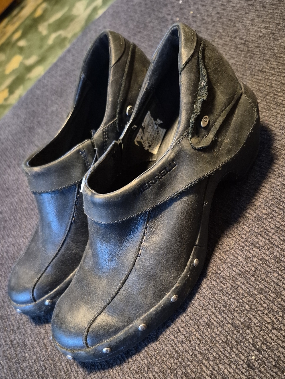 Merrell Black Leather Clog Mules with Stud Accents